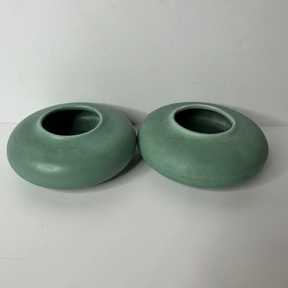 2 Art‎ Pottery Matte Green Low Profile Round Vases MCM Style Unmarked 2